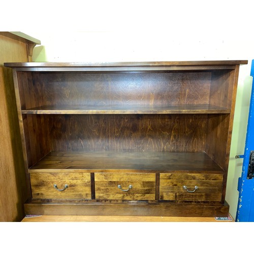 161 - AFRICAN DARK WALNUT DWARF OPEN BOOKCASE WITH THREE DRAWER BASE