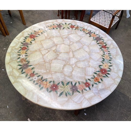 42 - RECONSTITUTED MARBLE CIRCULAR FLORAL INLAID STONE ART COFFEE TABLE 110CM D