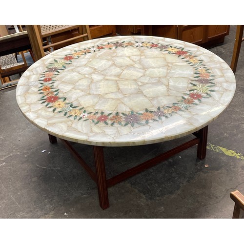 42 - RECONSTITUTED MARBLE CIRCULAR FLORAL INLAID STONE ART COFFEE TABLE 110CM D