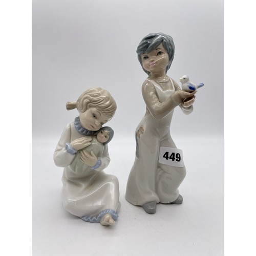 209 - TWO SPANISH PORCELAIN GLOSS FIGURE GROUPS BOY WITH BIRD, AND GIRL WITH DOLL ONE AS FOUND