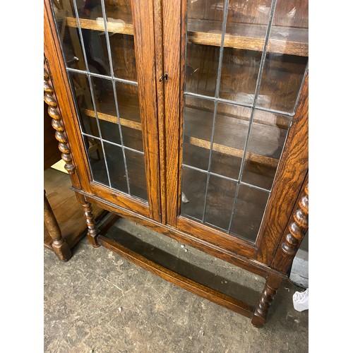 15 - OAK LEADED GLAZED MIRROR BACK BARLEY TWIST CABINET