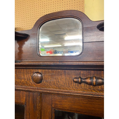 15 - OAK LEADED GLAZED MIRROR BACK BARLEY TWIST CABINET