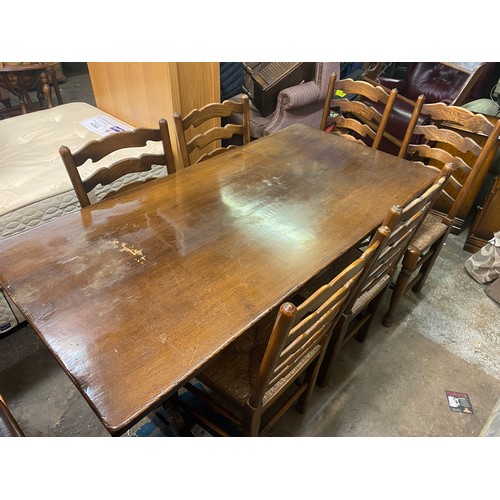 156 - GOOD QUALITY OAK REFECTORY TABLE AND SIX LANCASHIRE STYLE LADDERBACK CHAIRS