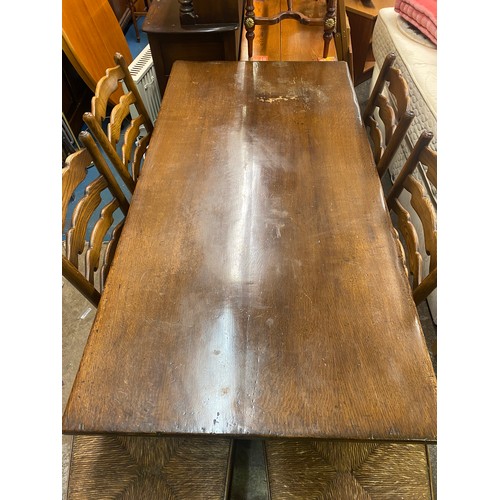 156 - GOOD QUALITY OAK REFECTORY TABLE AND SIX LANCASHIRE STYLE LADDERBACK CHAIRS