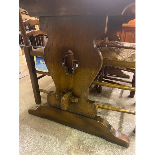 156 - GOOD QUALITY OAK REFECTORY TABLE AND SIX LANCASHIRE STYLE LADDERBACK CHAIRS