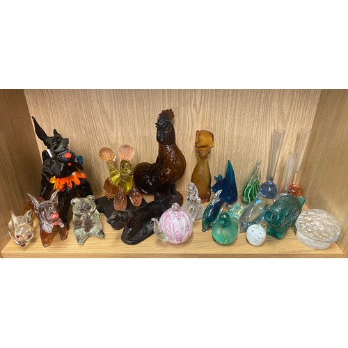 202 - SHELF OF GLASS ANIMAL FIGURES AND PAPERWEIGHTS