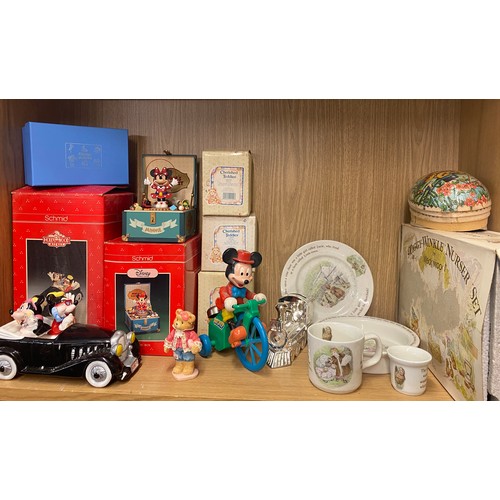 201 - SHELF CONTAINING DISNEY MUSIC BOX BY SCHMID, MICKEY MOUSE FIGURE, CHERISHED TEDDIES, TIGGYWINKLE NUR... 