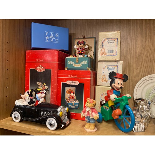 201 - SHELF CONTAINING DISNEY MUSIC BOX BY SCHMID, MICKEY MOUSE FIGURE, CHERISHED TEDDIES, TIGGYWINKLE NUR... 