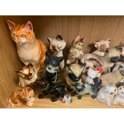 199 - SHELF OF PORCELAIN AND CERAMIC CATS INCLUDING VICTORIAN SPILL HOLDER, AVON NOVELTY SCENT BOTTLES