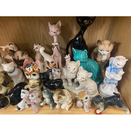 199 - SHELF OF PORCELAIN AND CERAMIC CATS INCLUDING VICTORIAN SPILL HOLDER, AVON NOVELTY SCENT BOTTLES