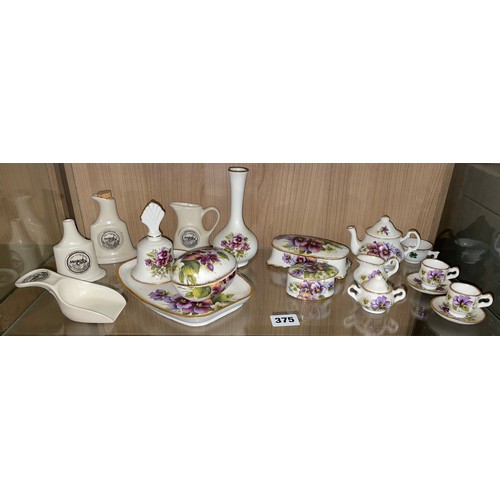 310 - FINE BONE CHINA VIOLETS MINIATURE TEASETS, SPILL VASE, TRINKETS, MASON CASH JUGS, AND SHOVEL