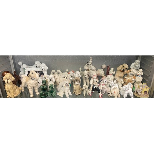 216 - SHELF OF VARIOUS CERAMIC AND RESIN POODLE DOG FIGURES INCLUDING COOPER CRAFT AND BEST IN SHOW, PICTU... 