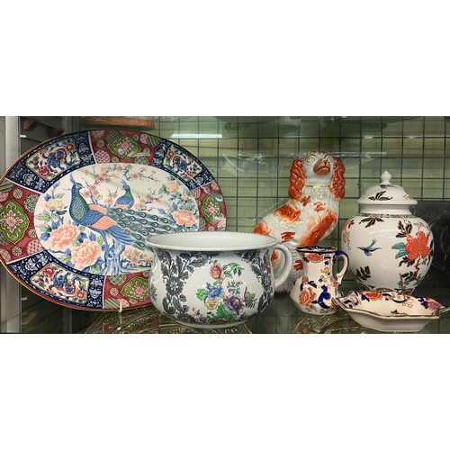 219 - PEACOCK MEAT PLATTER, TEMPLE VASE, MASONS JUG, AND VICTORIAN STAFFORDSHIRE SPANIEL