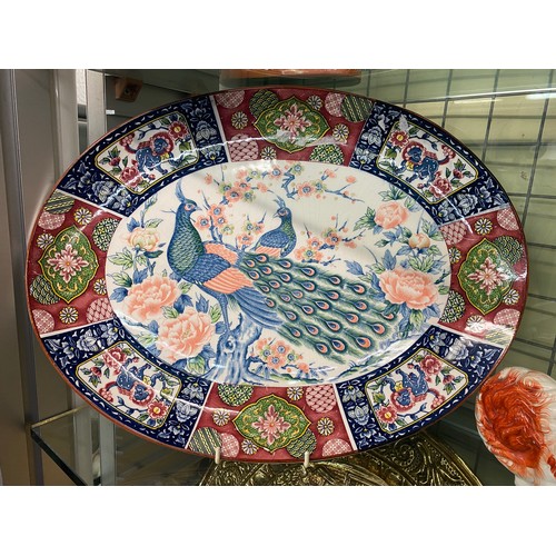 219 - PEACOCK MEAT PLATTER, TEMPLE VASE, MASONS JUG, AND VICTORIAN STAFFORDSHIRE SPANIEL