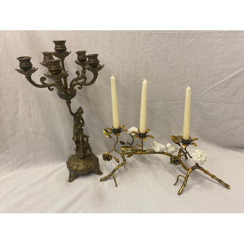 82 - GILT METAL FIGURAL FIVE BRANCH CANDELABRUM AND GILT METAL FLORAL AND CERAMIC CANDLE HOLDER