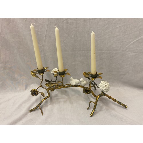 82 - GILT METAL FIGURAL FIVE BRANCH CANDELABRUM AND GILT METAL FLORAL AND CERAMIC CANDLE HOLDER