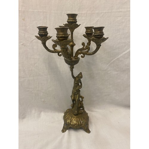 82 - GILT METAL FIGURAL FIVE BRANCH CANDELABRUM AND GILT METAL FLORAL AND CERAMIC CANDLE HOLDER