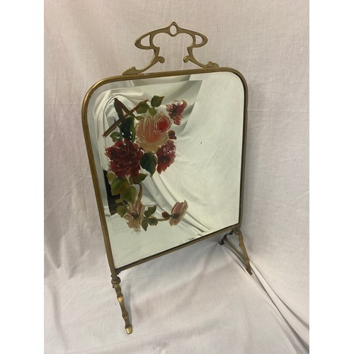 79 - ARTS AND CRAFT BRASS MIRRORED PAINTED FIRE SCREEN 66CM H