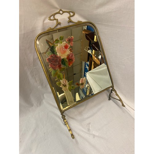 79 - ARTS AND CRAFT BRASS MIRRORED PAINTED FIRE SCREEN 66CM H