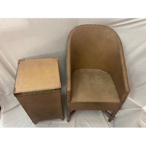 63 - BRONZED LOOM STYLE BASKET CHAIR AND SQUARE SECTION LINEN BIN