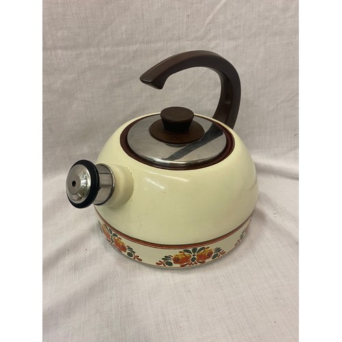 174 - 1970S VINTAGE SET OF ENAMEL SAUCEPANS, FRYING PAN, KETTLE AND SWISS FONDUE POT