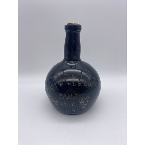 475 - GLASS ONION BOTTLE WITH STOPPER WITH SCRATCHED BETROTHAL COMMEMORATION INSCRIPTION 17CM H