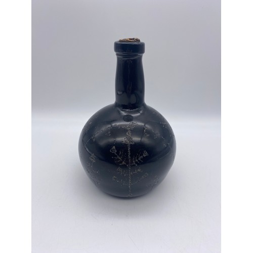 475 - GLASS ONION BOTTLE WITH STOPPER WITH SCRATCHED BETROTHAL COMMEMORATION INSCRIPTION 17CM H