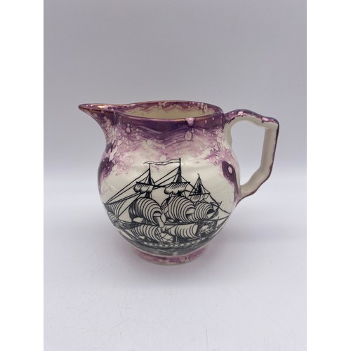 474 - 19TH CENTURY SUNDERLAND LUSTRE JUG DECORATED WITH A GALLEON AND MOTTO VERSO 11CM H