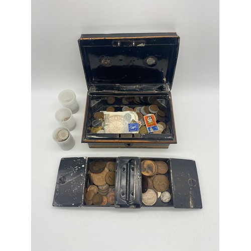 468 - CASH TIN OF MAINLY PRE DECIMAL GB COINS AND SOME ONE POUND BANK NOTES AND SOME COINS OF THE WORLD