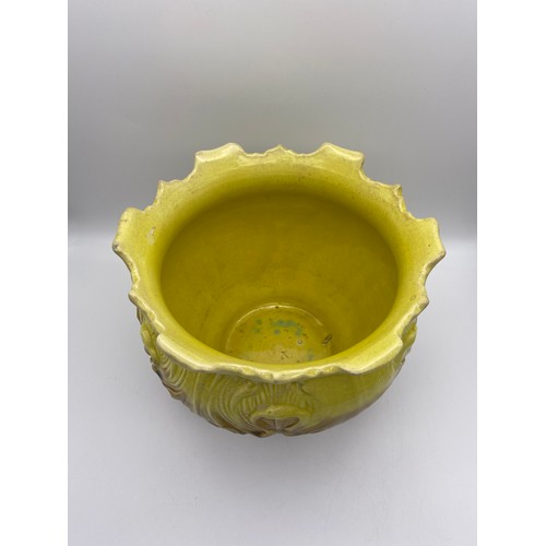 500 - VICTORIAN EUSTON POTTERY BULBOUS PLANTER IN YELLOW AND OCHRE 22CM H X 25CM D