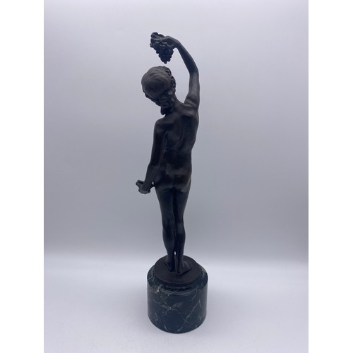 415 - EVA BENSON (AUSTRALIAN) BRONZE CLASSICAL FEMALE FIGURE WITH GRAPES ON MARBLE SOCLE 37CM H