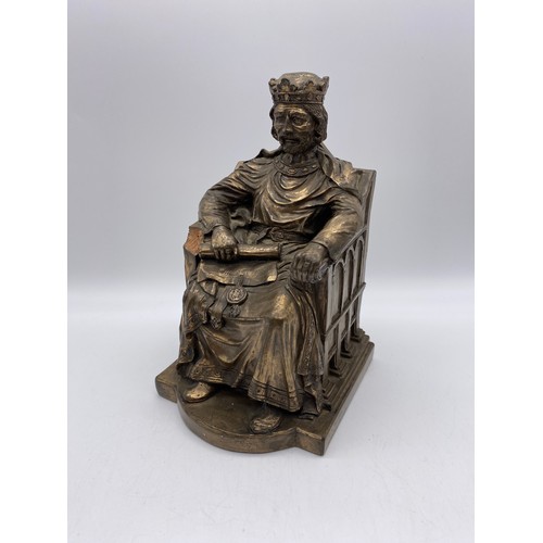 412 - BRONZED RESIN GROUP OF SEATED KING JOHN AS FOUND 22CM H