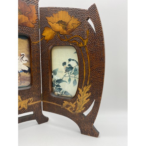 417 - ART NOUVEAU TRYPTIC POKER WORK PHOTO FRAME WITH ORIENTAL THEMED PRINTS