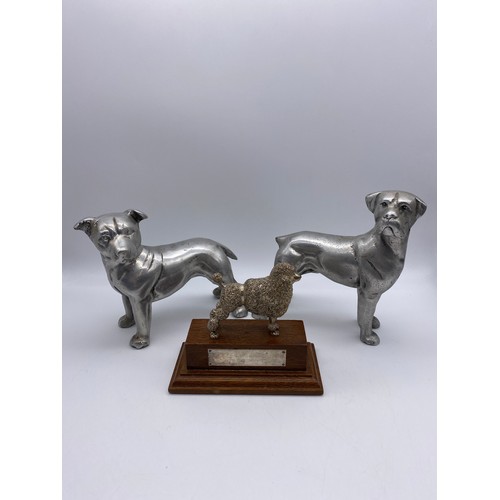 405 - CAST METAL POODLE TROPHY AND TWO ALUMINIUM DOG FIGURES