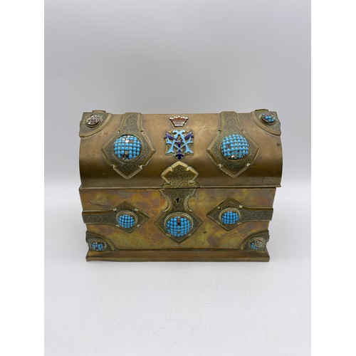 365 - VICTORIAN BRASS GOTHIC REVIVAL CASKET WITH TURQUOISE CABOCHON BOSSES AND ENAMEL CROWNED MONOGRAM 17C... 