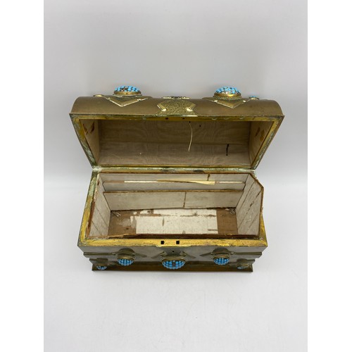 365 - VICTORIAN BRASS GOTHIC REVIVAL CASKET WITH TURQUOISE CABOCHON BOSSES AND ENAMEL CROWNED MONOGRAM 17C... 