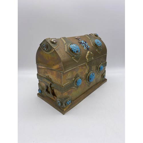 365 - VICTORIAN BRASS GOTHIC REVIVAL CASKET WITH TURQUOISE CABOCHON BOSSES AND ENAMEL CROWNED MONOGRAM 17C... 