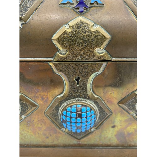 365 - VICTORIAN BRASS GOTHIC REVIVAL CASKET WITH TURQUOISE CABOCHON BOSSES AND ENAMEL CROWNED MONOGRAM 17C... 