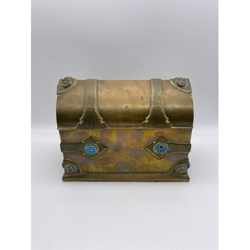 365 - VICTORIAN BRASS GOTHIC REVIVAL CASKET WITH TURQUOISE CABOCHON BOSSES AND ENAMEL CROWNED MONOGRAM 17C... 