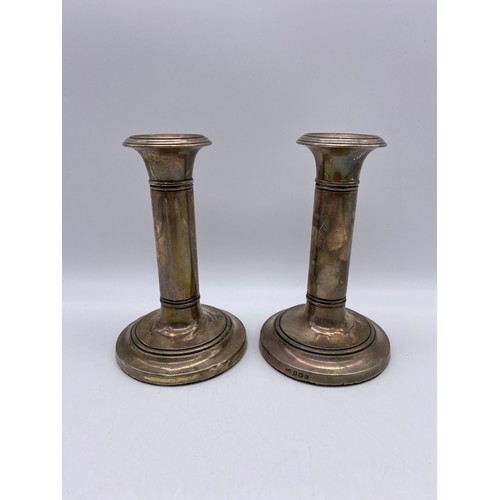 362 - PAIR OF BIRMINGHAM SILVER DWARF CANDLESTICKS WITH LOADED BASES 16CM H