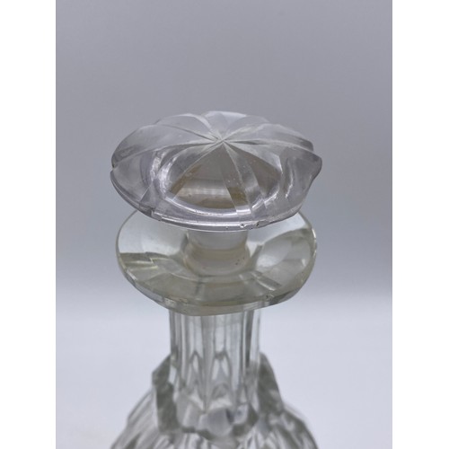 403 - FOUR CUT GLASS DECANTERS, ONE WITH SILVER WHISKY SPIRIT LABEL