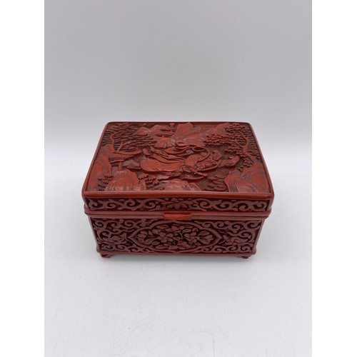 369 - RED CINNABAR LACQUER RECTANGULAR CASKET 7.5CM H X 12CM W X 9CM D