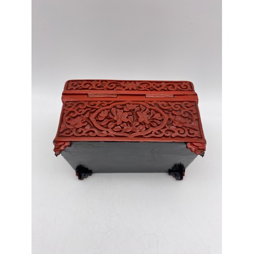 369 - RED CINNABAR LACQUER RECTANGULAR CASKET 7.5CM H X 12CM W X 9CM D