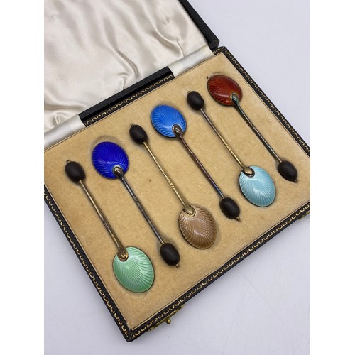 384 - CASED SET OF SIX BIRMINGHAM SILVER AND GUILLOCHE ENAMEL COFFEE TEASPOONS