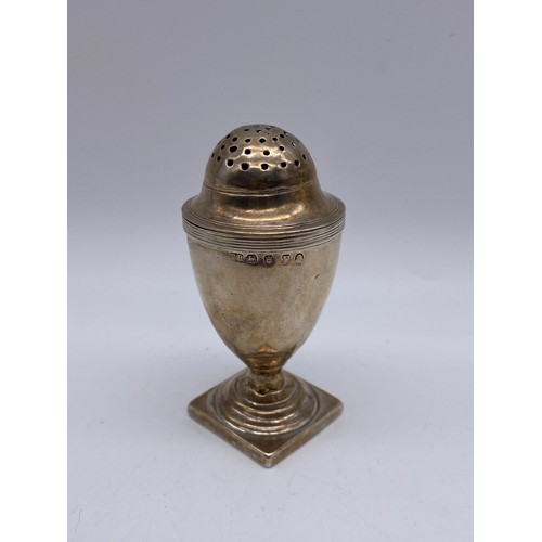 386 - GEORGIAN LONDON SILVER OVOID PEPPERETTE WITH LOADED BASE 9CM H