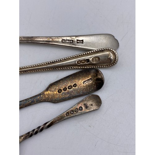 382 - SILVER BATSWING TWIN HANDLED SUCRIER AND VARIOUS TEA AND PRESERVE SPOONS 5.6OZ APPROX 8CM H