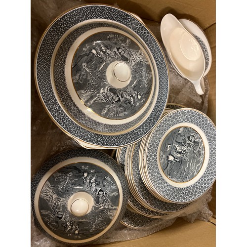 327 - BOX CONTAINING RUSTIC MONOCHROME PATTERN PART DINNER SERVICE TWO TUREENS AND SAUCE BOAT, PLUS CARTON... 