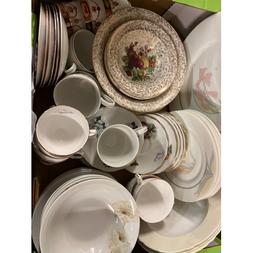 327 - BOX CONTAINING RUSTIC MONOCHROME PATTERN PART DINNER SERVICE TWO TUREENS AND SAUCE BOAT, PLUS CARTON... 