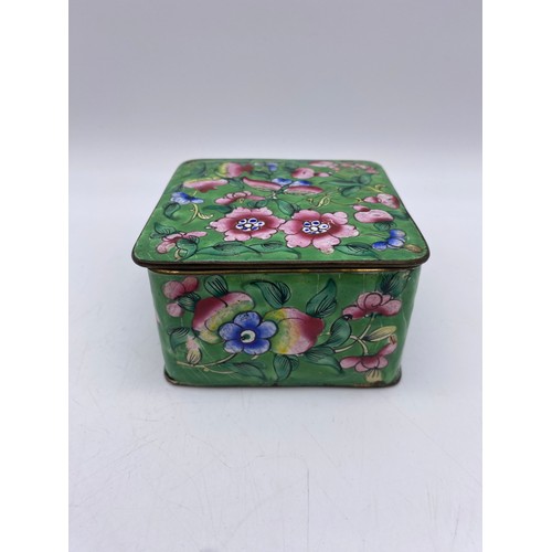 378 - CHINESE PINK ENAMEL CUP, SAUCER AND LID, AND GREEN INSECT AND FLORAL BOX