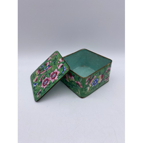 378 - CHINESE PINK ENAMEL CUP, SAUCER AND LID, AND GREEN INSECT AND FLORAL BOX